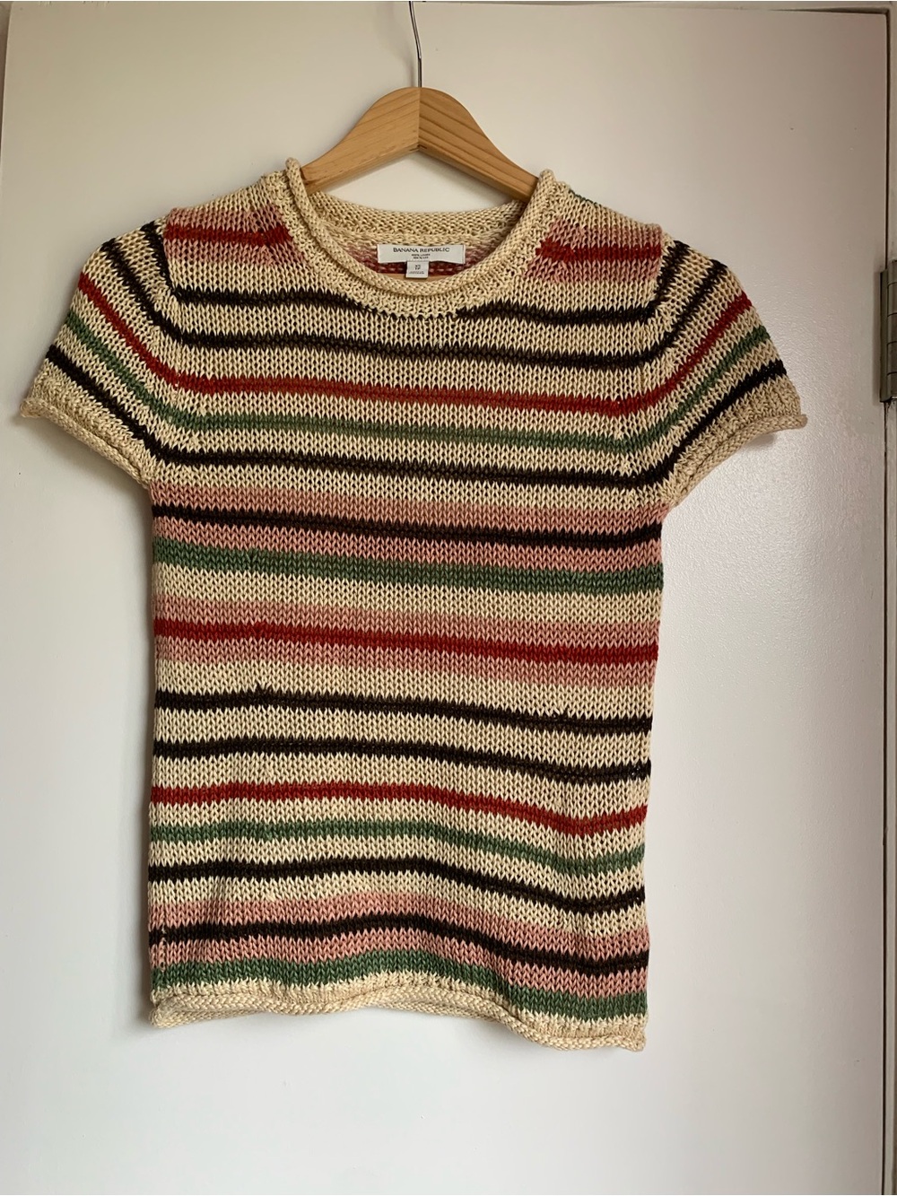 NWOT Striped Short-Sleeve Knit Sweater in Cream, Green & Red